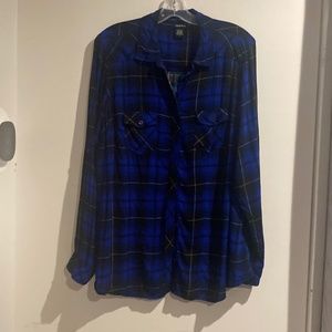 TORRIDBLACK AND BLUE PLAID CAMP SHIRT BUTTON FRONT LONG SLEEVE PLUS SIZE 1